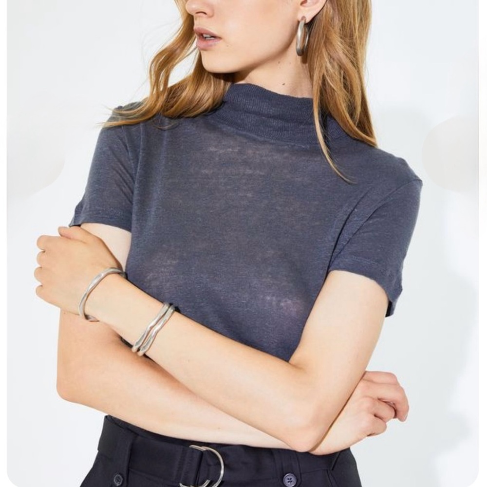 IRO Wake Linen T-Shirt Slate Grey XS Mock Neck Sheer Linen Tee
